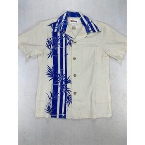 Sidan Hawaii Vintage Bamboo Print Button Down Shirt Cream Blue Mens Small S
